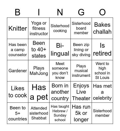 Sisterhood Scoop Bingo Card