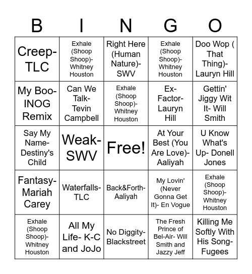 90's R&B Bingo Card