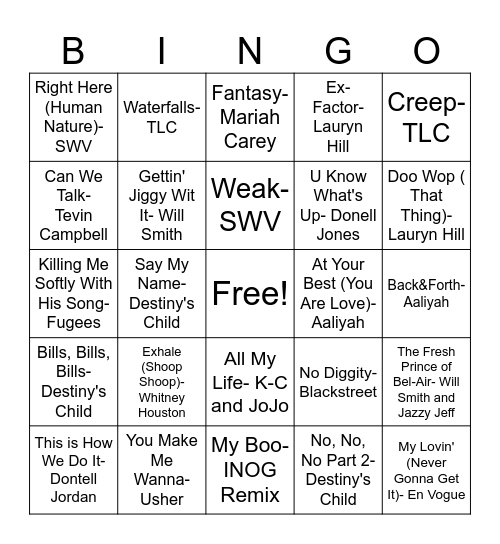 90's R&B Bingo Card