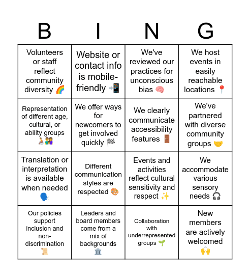 Inclusive Bingo! Bingo Card