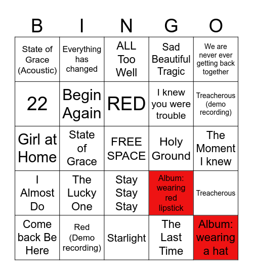 RED Album Bingo Card