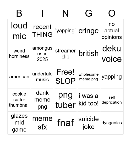 slop tuber video Bingo Card