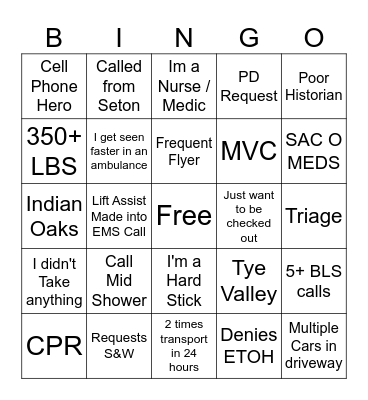 Paramedic Bingo Card