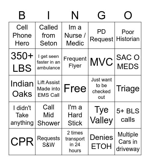 Paramedic Bingo Card