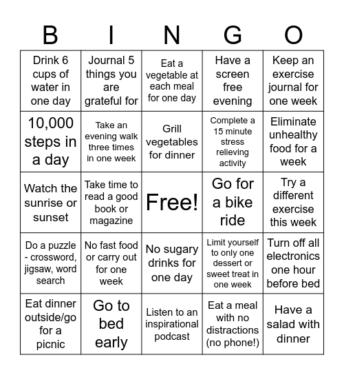 August Wellness Bingo Card