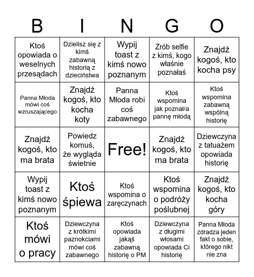 Panieńskie Bingo Card