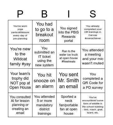 Pre-Planning PBIS "Bingo" Bingo Card