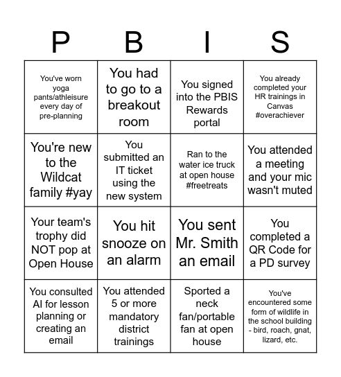 Pre-Planning PBIS "Bingo" Bingo Card