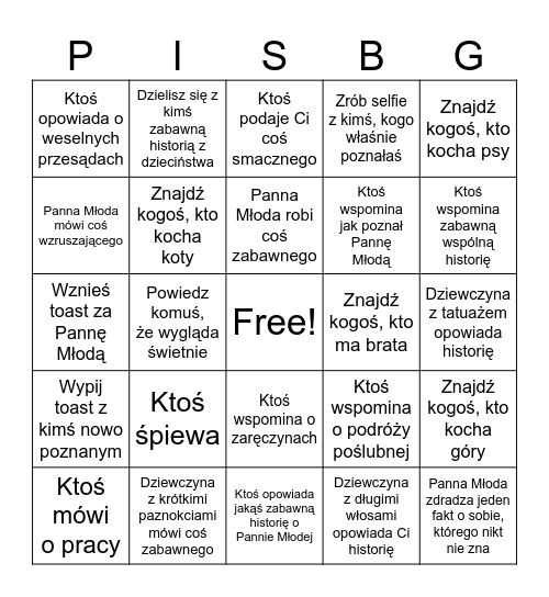Panieńskie Bingo Card