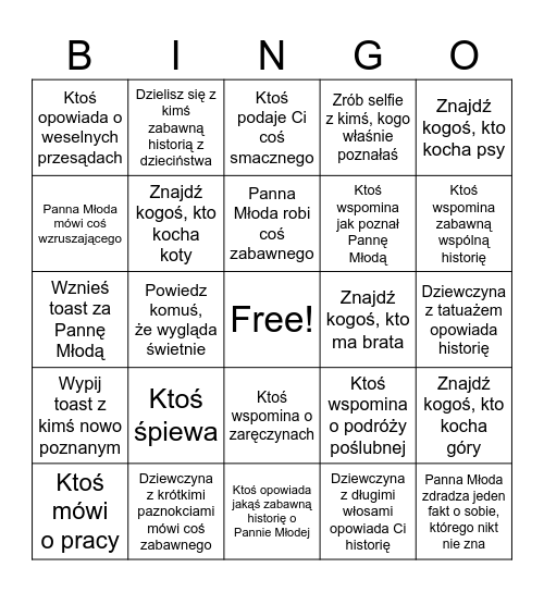 Panieńskie Bingo Card