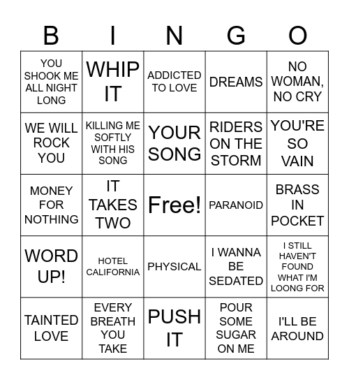 70'S & 80'S HITS Bingo Card