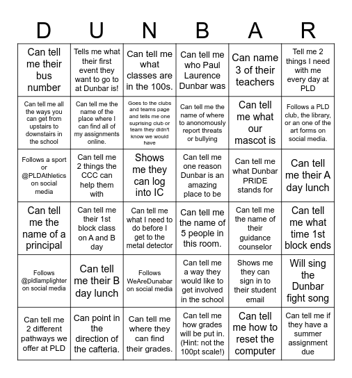 Dunbar Bingo Card