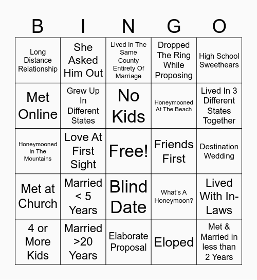 Marriage Bingo Card