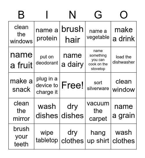 Daily Living Skills Bingo Card