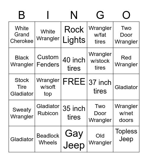 Jeep Bingo Card