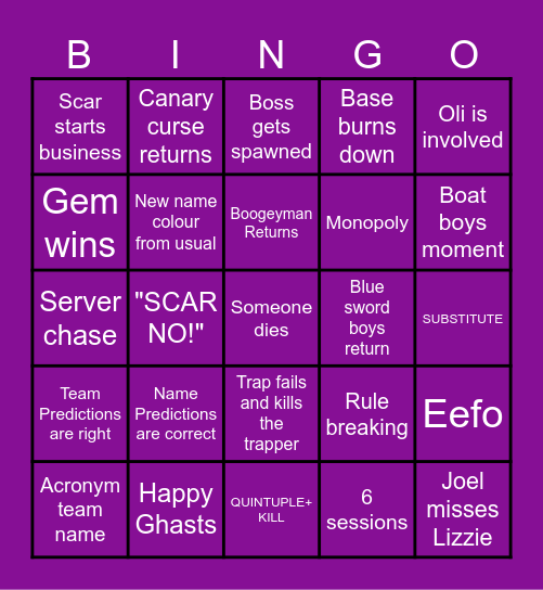 PAST LIFE BINGO Card