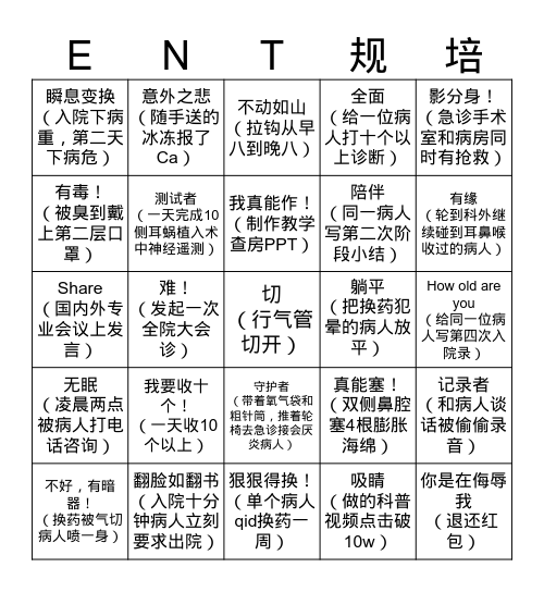 耳鼻咽喉头颈外科规培Bingo Card