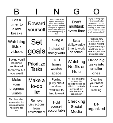 Procrastination Bingo Card