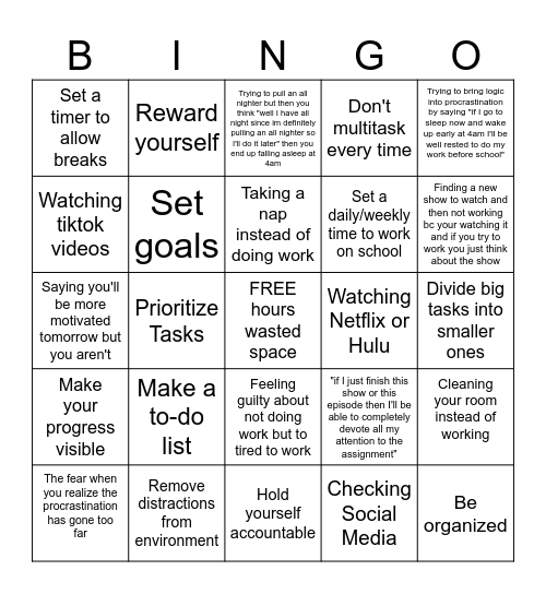 Procrastination Bingo Card