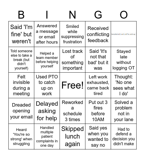 Burnout Bingo Card