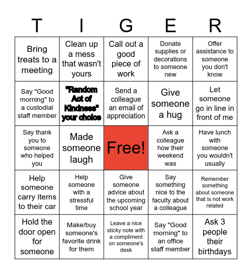 Random Acts of Kindness Bingo Card