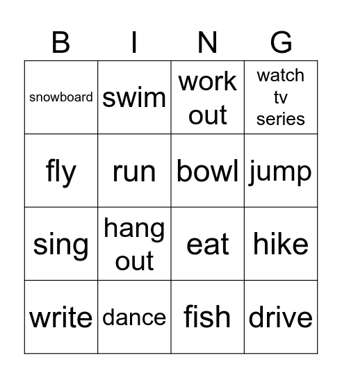Verbs Bingo Card