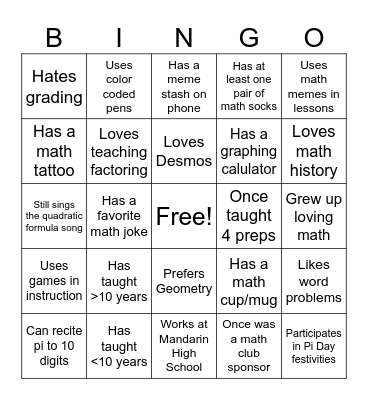 Math Department PLC Bingo Card