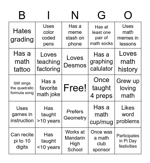 Math Department PLC Bingo Card