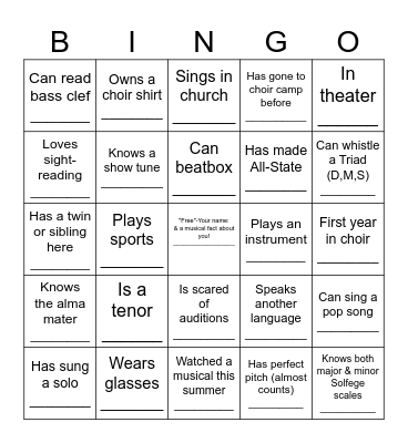 Choir Bingo Card