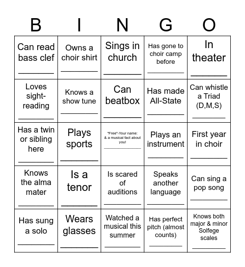 Choir Bingo Card