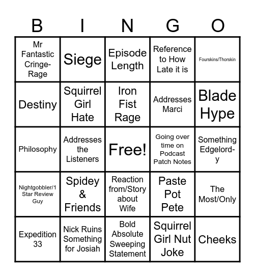 Josiah Friends & Rivals Bingo Card