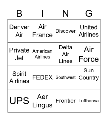 Airplane Bingo Card