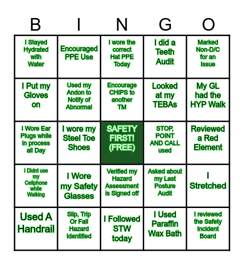 I am going Bingo for Safety! Bingo Card