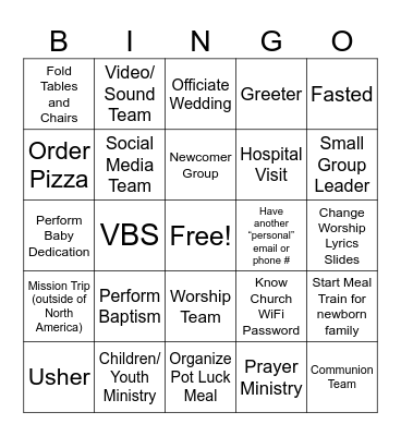 Ministry Check List Bingo Card