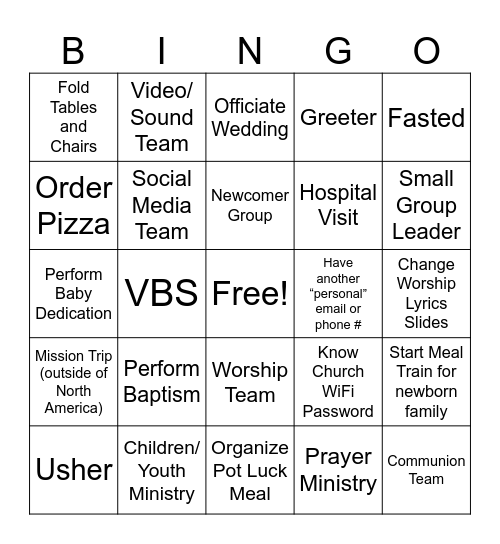 Ministry Check List Bingo Card