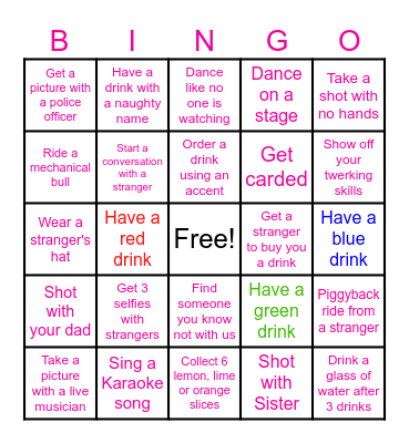 21st Birthday Family Bar Crawl Bingo Card