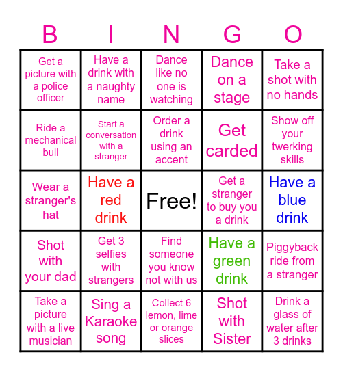 21st Birthday Family Bar Crawl Bingo Card