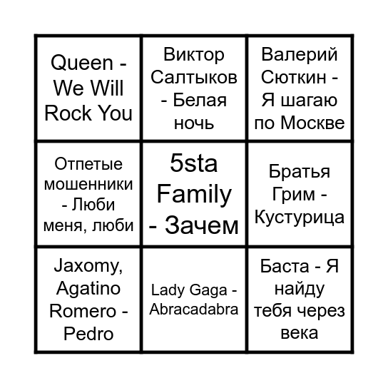 Музыкальное Бинго Вика и Кирилл 30.07.25 Bingo Card
