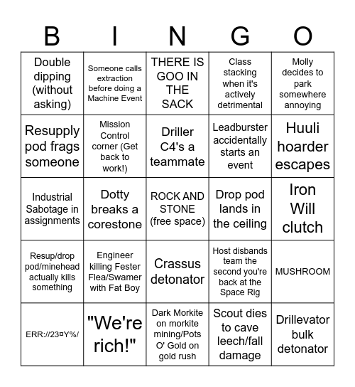 DRG Bingo Card