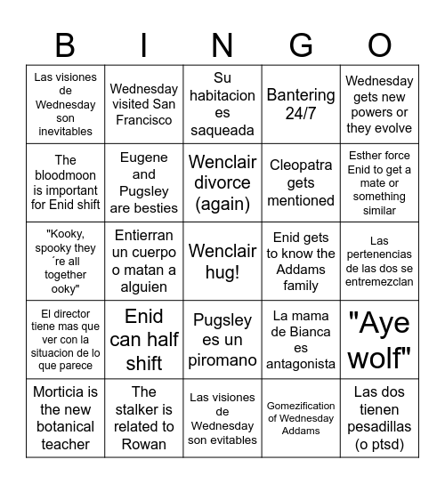 Wednesday season 2 base on fics Bingo Card