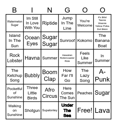 Beach Songs Bingo Card