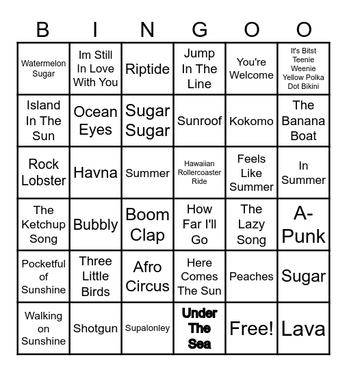 Beach Songs Bingo Card