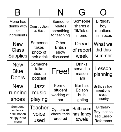 Darham's Birthday Bash Bingo Card