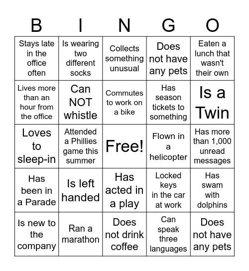Find a Co-Worker Who..... Bingo Card