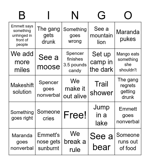 Glacier NP Bingo Card