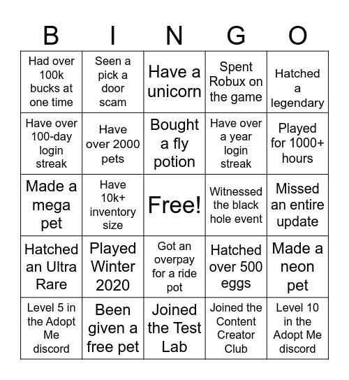 Adopt Me Bingo Card