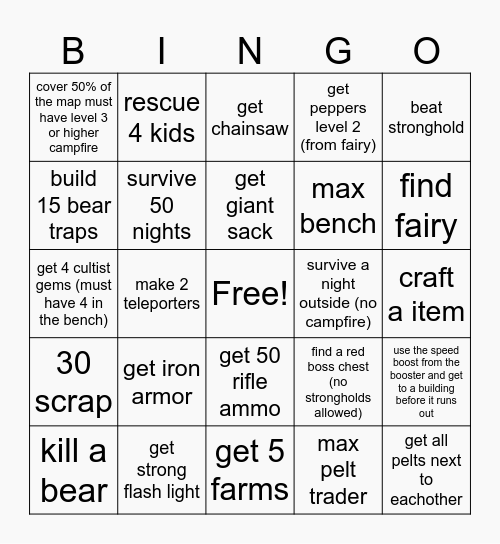 99 nights in the forest Bingo Card