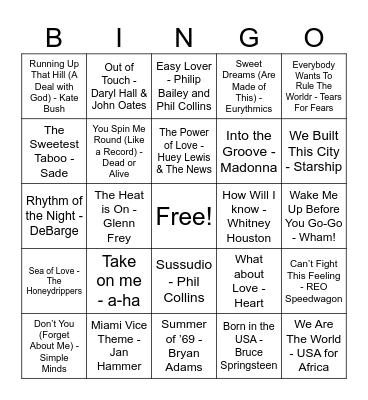 1985 Hits Bingo Card