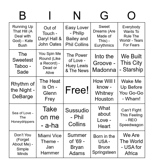 1985 Hits Bingo Card