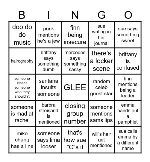 Glee Bingo Card